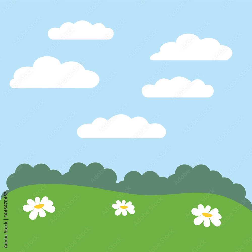 Cartoon field with sky and clouds. Green landscape. Kid style. Vector Illustration.