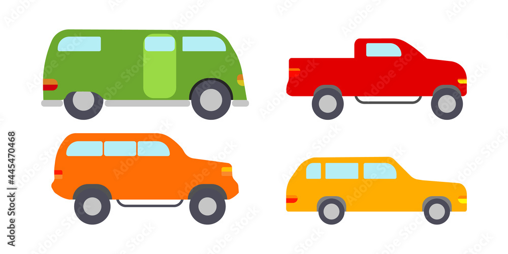 Car icon set in flat style. Cartoon toy vehicle. Auto pictograms. Vector Illustration. Car icon set in flat style. Cartoon toy vehicle. Auto pictograms. Vector Illustration.