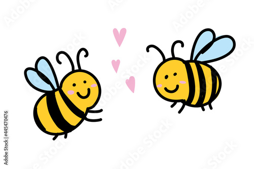 Cute bees in love isolated on white background. Valentine day greeting card. Doodle art. Vector Illustration. © elialady