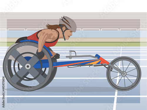 para sports paralympic racing, physical disabled female athlete sitting in specialized wheelchair with track and stadium in background, landscape view