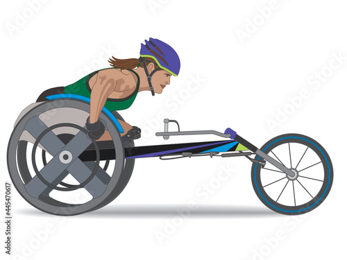 para sports paralympic racing, physical disabled female athlete sitting in specialized wheelchair isolated on a white background, landscape view