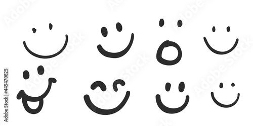Happy doodle smiley collection isolated on white background. Simple faces. Cute icon set. Vector Illustration. photo