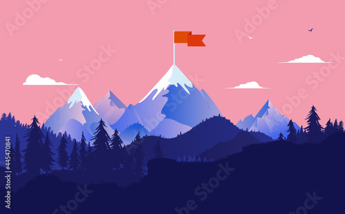 Mountaintop flag - Nature scene with tall mountain and waving flag on top. Goal, success and motivation concept. Vector illustration.