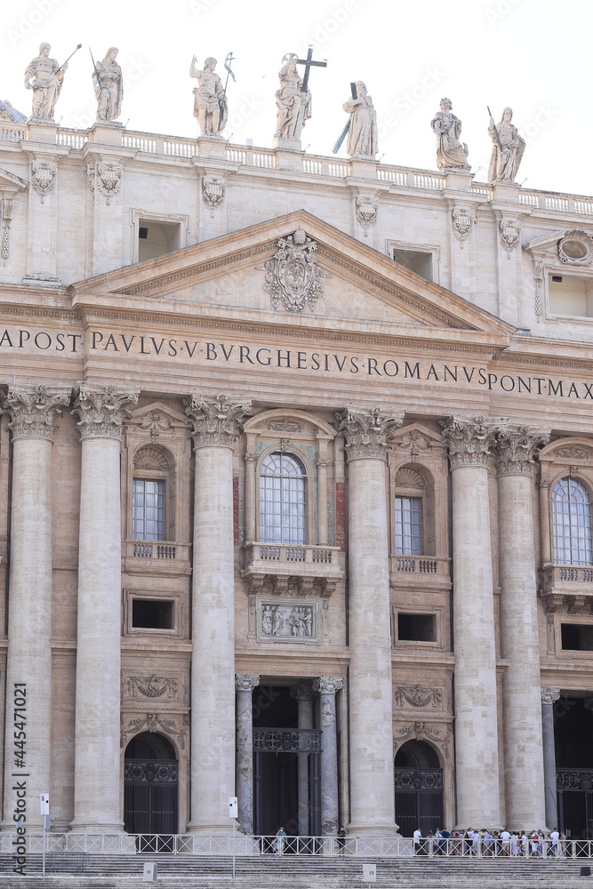 St Peter's Basilica Facade Detail with Columns and Sculptures in Rome, Italy