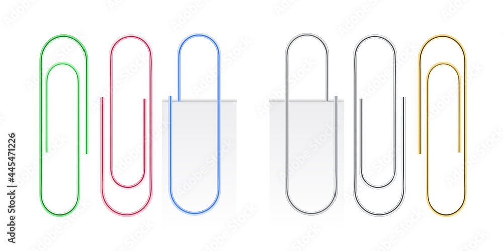 Paper clip collection in different colours. Realistic fastener set isolated on transparent background. Document attach objects.