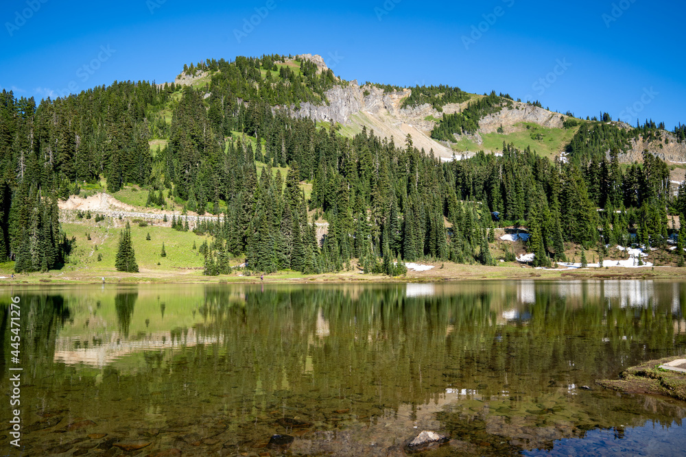 Tipsoo Lake in Mt Rainier National Park, Washington State, with remaining snow patches
