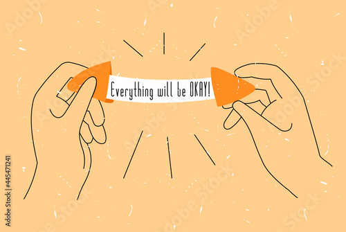 Vector illustration with linear hands holding a broken fortune cookie. There is empty space for text. It says that everything will be fine. Concept fate, prophecy, surprise, divination, the future.