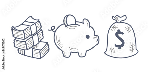 Doodle money icon set isolated on white background. Piggy bank, mobile phone with income, bunch and sack of money. Currency hand drawn symbol.