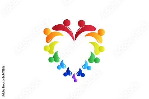 Logo teamwork in a big love heart shape unity people embracing, voluntary , charity , non profit , collaboration concepts vector image graphic illustration design template