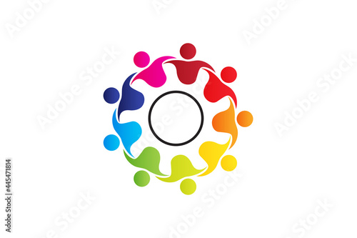 Logo teamwork unity people embracing in a circle shape voluntary , charity , non profit , collaboration concepts vector image graphic illustration design template