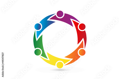 Logo teamwork unity six people embracing in a circle shape, swooshes, voluntary , charity , non profit , collaboration concepts vector image graphic illustration design template