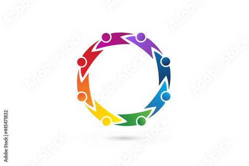 Logo teamwork unity eight people embracing in a circle shape, swooshes, voluntary , charity , non profit , collaboration concepts vector image graphic illustration design template