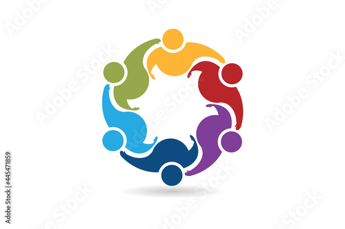 Logo teamwork unity meeting people embracing in a circle shape voluntary , charity , non profit , collaboration concepts vector image graphic illustration design template