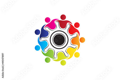 Logo teamwork unity meeting people embracing in a circle gear shape , technology, voluntary , charity , non profit , collaboration concepts vector image graphic illustration design template