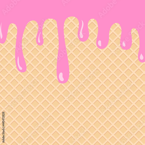 Melted ice cream background in cartoon style. Strawberry cream with waffle texture. Candy wafer biscuit.