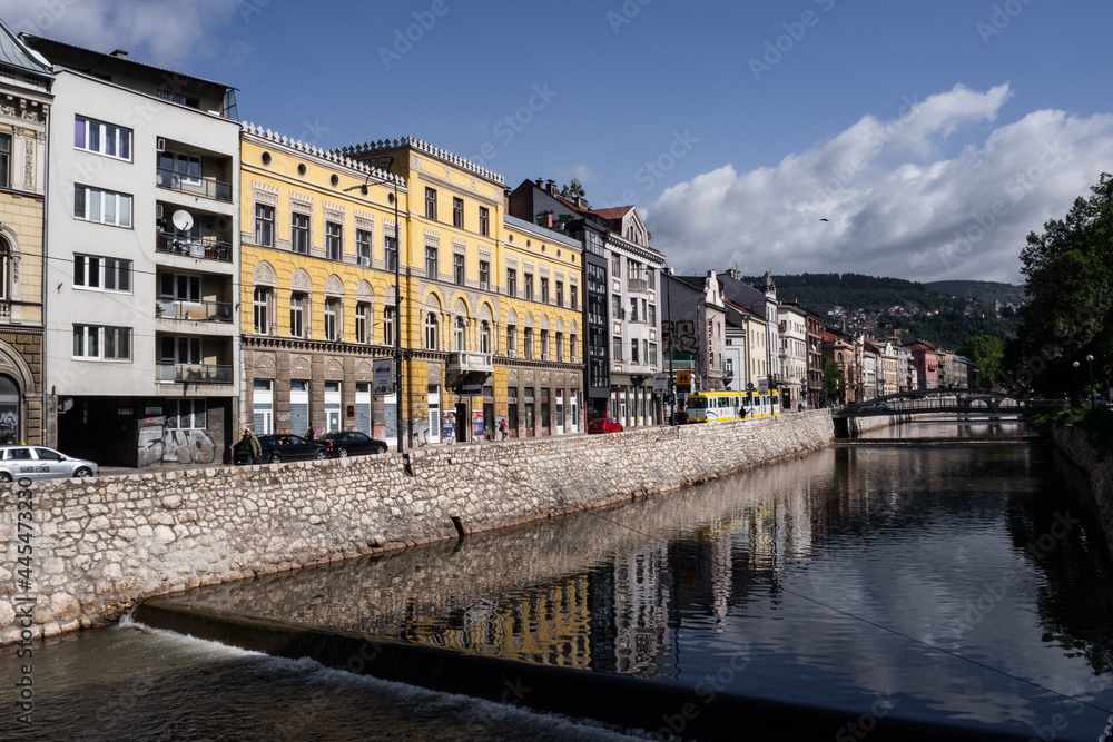  A picturesque scenery in Sarajevo, with the Miljacka river and the Latin Bridge further away. Sarajevo, Bosnia and Herzegovina.