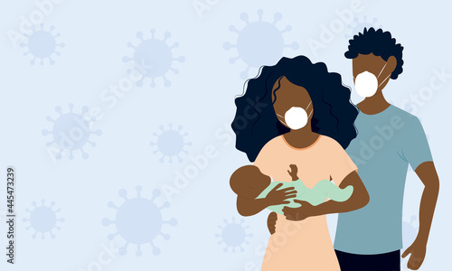 Father and mother holding her baby wearing face mask in front of a coronavirus background