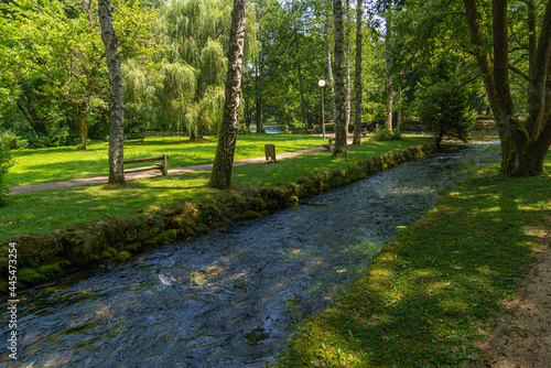 Vrelo Bosne nature green park in Sarajevo with water and ducks 