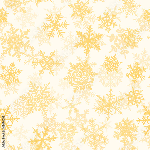 Christmas seamless pattern with complex big and small snowflakes, yellow on white background