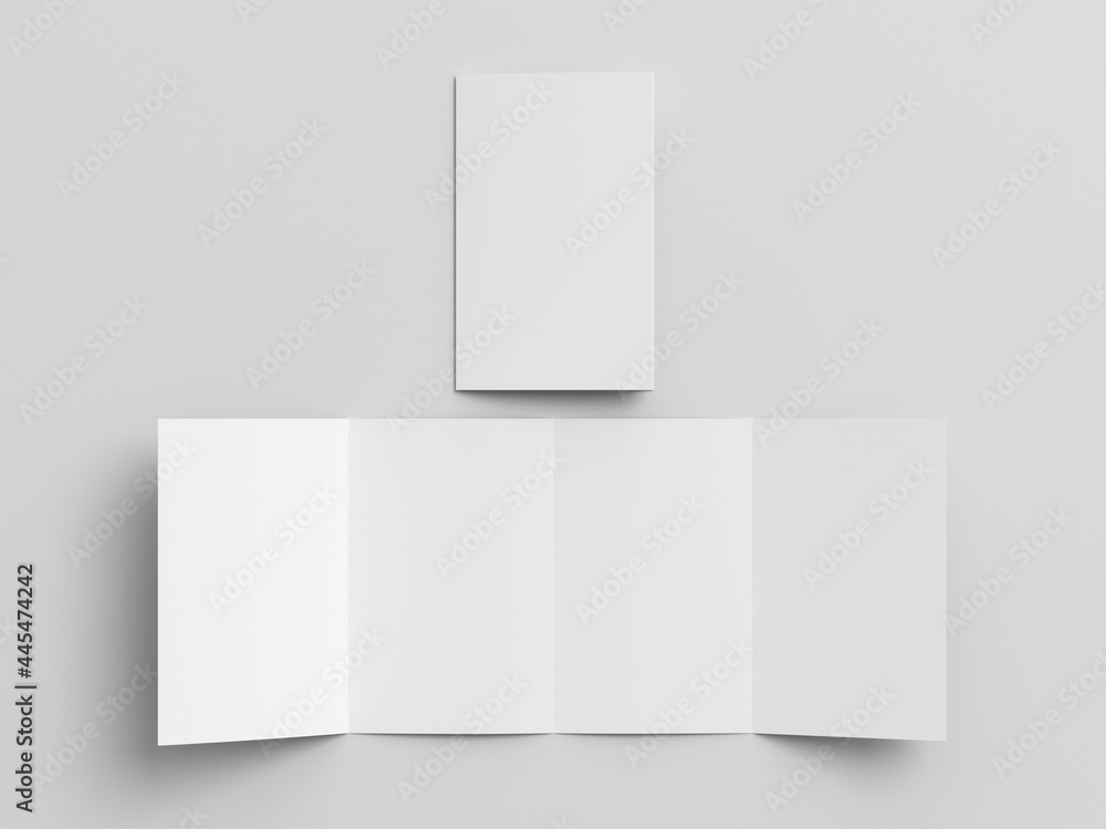 Vertical double gate fold brochure. Four panels, eight pages blank leaflet. Mock up on white background for presentation design. DDD.