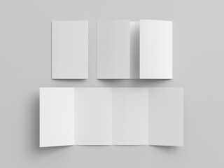 Vertical double gate fold brochure. Four panels, eight pages blank leaflet. Mock up on white background for presentation design. Folded, semi-folded and front side.