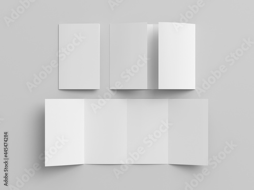Vertical double gate fold brochure. Four panels, eight pages blank leaflet. Mock up on white background for presentation design. Folded, semi-folded and front side.