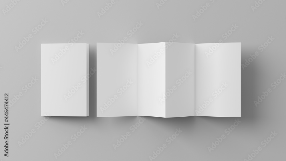 Vertical page zigzag or accordion fold brochure. Four panels, eight pages blank leaflet. Mock up on white background for presentation design. Folded and front side.