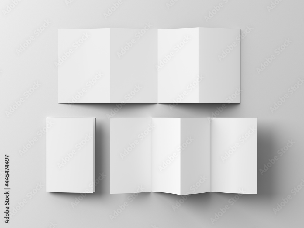 Vertical page zigzag or accordion fold brochure. Four panels, eight pages blank leaflet. Mock up on white background for presentation design. Folded, front and back side.. Vertical page zigzag or accordion fold brochure. Four panels, eight pages blank leaflet. Mock up on white background for presentation design. Folded, front and back side..