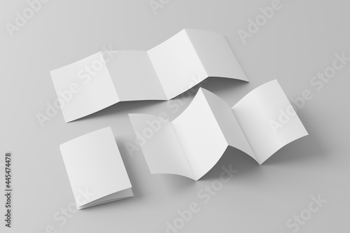 Vertical page zigzag or accordion fold brochure. Four panels, eight pages blank leaflet. Mock up on white background for presentation design. Folded, front and back side..