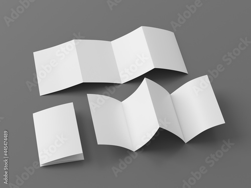 Vertical page zigzag or accordion fold brochure. Four panels, eight pages blank leaflet. Mock up on gray background for presentation design. Folded, front and back side..