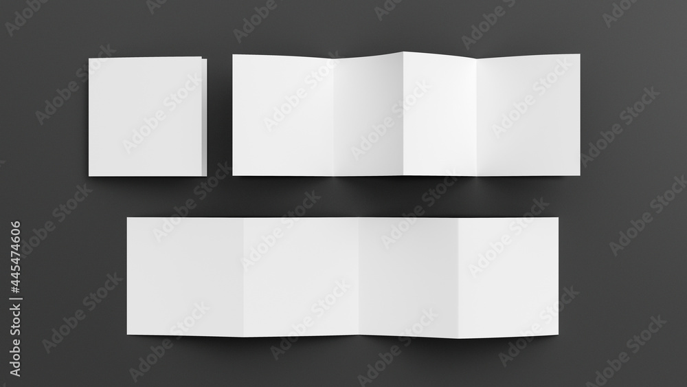 Square  zigzag or accordion fold brochure. Four panels, eight pages blank leaflet. Mock up on CCC background for presentation design. Folded, front and back side..