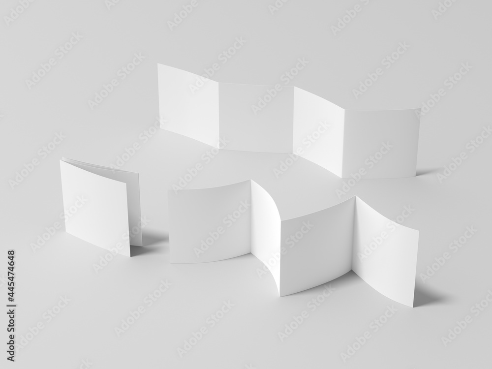 Square zigzag or accordion fold brochure. Four panels, eight pages blank leaflet. Mock up on white background for presentation design. Folded, front and back side. Square zigzag or accordion fold brochure. Four panels, eight pages blank leaflet. Mock up on white background for presentation design. Folded, front and back side.