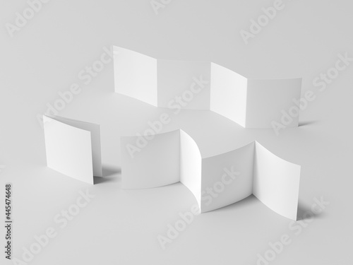 Square zigzag or accordion fold brochure. Four panels, eight pages blank leaflet. Mock up on white background for presentation design. Folded, front and back side.