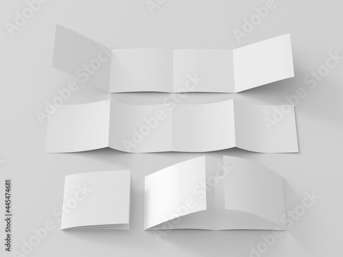 Square double gate fold brochure. Four panels, eight pages blank leaflet. Mock up on white background for presentation design. Folded, semi-folded, front and back side.
