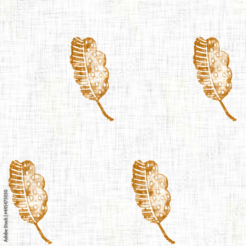 Hand drawn leaf motif linen texture. Whimsical garden seamless pattern. Modern spring doodle foliage nature textile for home decor. Botanical scandi style rustic orange all over print.