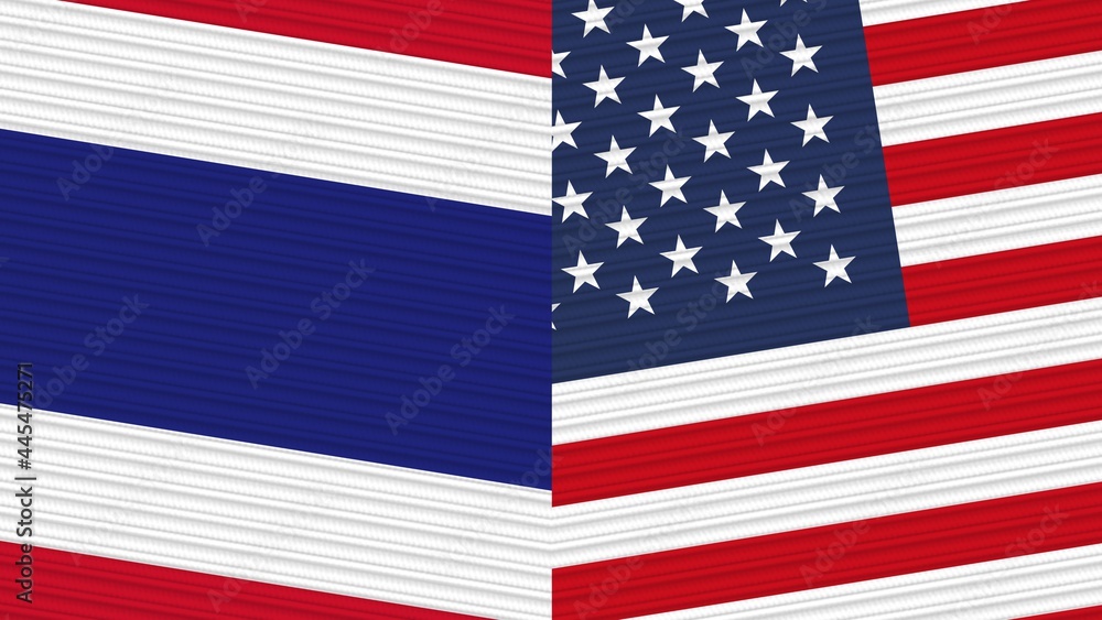 United States of America and Thailand Two Half Flags Together Fabric Texture Illustration United States of America and Thailand Two Half Flags Together Fabric Texture Illustration