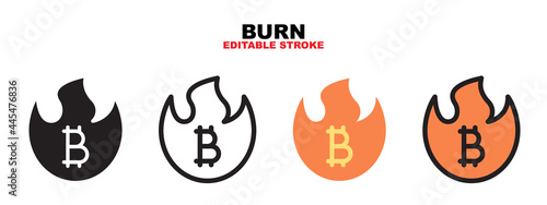 Burn bitcoin icon with cryptocurrency collection. Icons are designed in full color, outline, flat, glyphs and lines. Perfectly editable strokes and pixels. Works for web, mobile, ui and more.