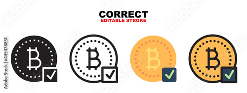 Correct bitcoin icon with cryptocurrency collection. Icons are designed in full color, outline, flat, glyphs and lines. Perfectly editable strokes and pixels. Works for web, mobile, ui and more.