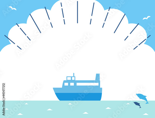 余白をたっぷりとった海と船と空の夏のイラスト　集中線をいれてコピーを目立たせるカード