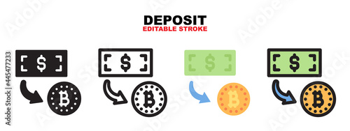 Outline, glyph black, flat color and filled line color, icon symbol set, deposit bitcoin concept, Isolated vector design, editable stroke