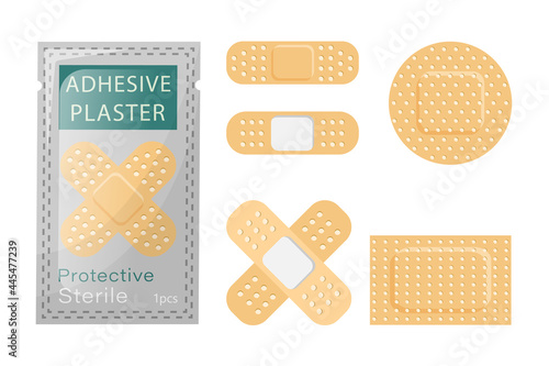A set of adhesive plaster for wounds. Sterile medical plaster packaged. Plasters of different shapes isolated on white background. Vector