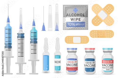 Set of medical equipment. Coronavirus protection.Disposable medical syringes,ampoules with vaccine,adhesive plaster,disinfecting alcohol wipes isolated on white background. Vector flat illustration