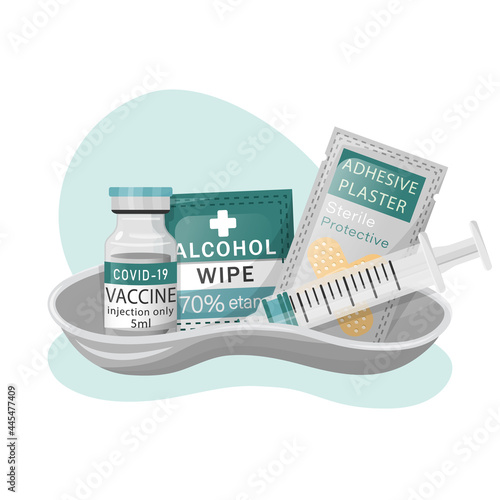 Vaccination medical concept. Syringe, vaccine bottle or antiviral vaccine in ampoules, alcohol medical napkin for disinfection, sterile adhesive, medical bowlle. Vector flat illustration.