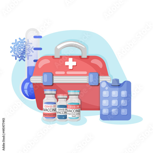 Storage  termo container with cold temperatures  for vaccine. Temperature regime for storing vaccine bottles. Dry ice container, thermometer, snowflake,vaccine bottle. Vector flat illustration.