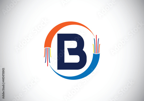 Initial B monogram letter alphabet with electric wire, optical fiber cable. Font emblem. Modern vector logo design for technology labels, electric business, and company identity.
