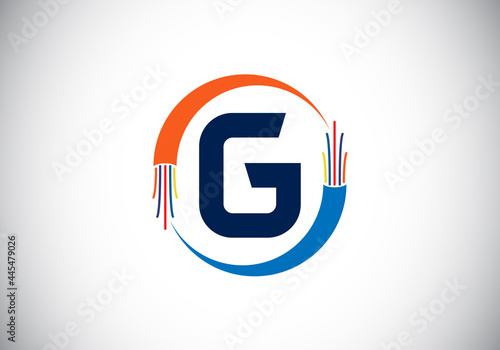 Initial G monogram letter alphabet with electric wire, optical fiber cable. Font emblem. Modern vector logo design for technology labels, electric business, and company identity.
