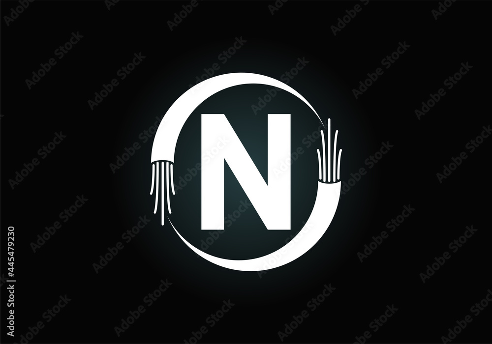 Initial N monogram letter alphabet with electric wire, optical fiber cable. Font emblem. Modern vector logo design for technology labels, electric business, and company identity. Initial N monogram letter alphabet with electric wire, optical fiber cable. Font emblem. Modern vector logo design for technology labels, electric business, and company identity.