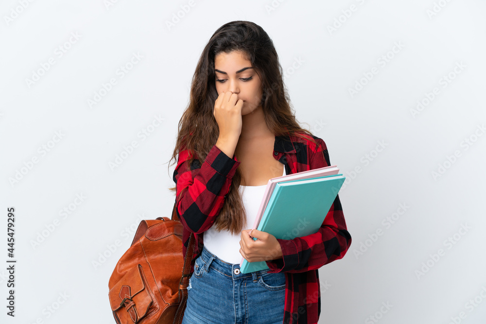 Young student woman isolated on white background having doubts Young student woman isolated on white background having doubts