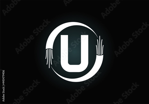 Initial U monogram letter alphabet with electric wire, optical fiber cable. Font emblem. Modern vector logo design for technology labels, electric business, and company identity.