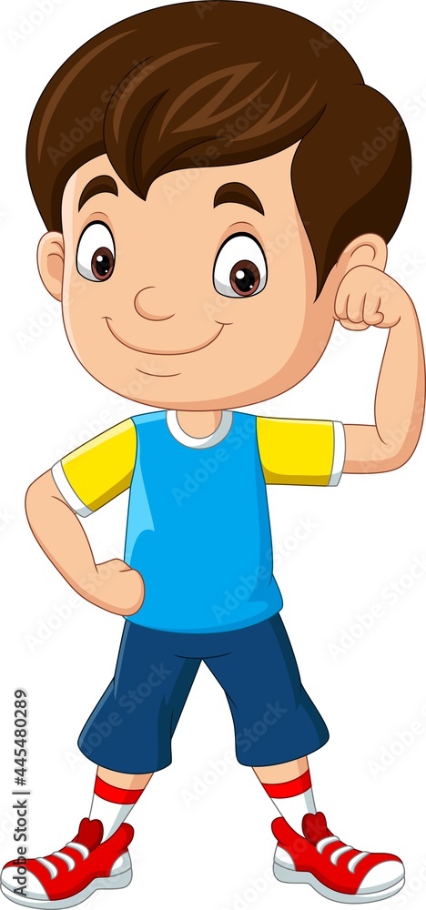 Fototapeta premium Cartoon happy boy with showing muscle